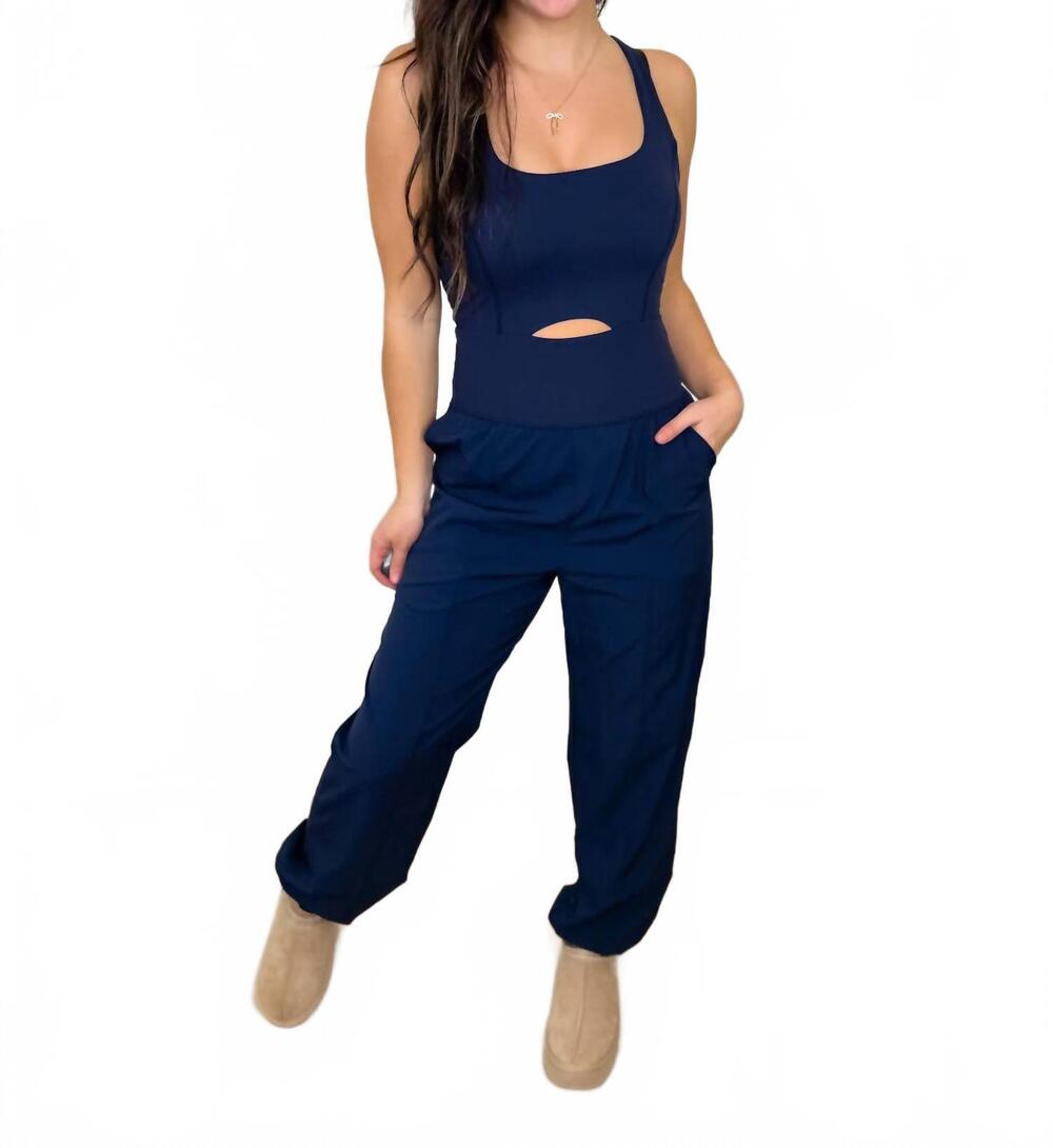 NEW RAE MODE front cut-out active jogger jumpsuit in navy blue